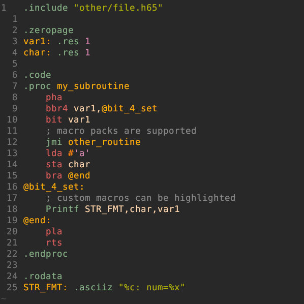 vim-ca65 highlights instructions, labels, literals, macros and ca65 functions